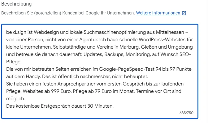 Beschreibungsfeld im Google-Unternehmensprofil mit dem Zähler 685 von 750 Zeichen