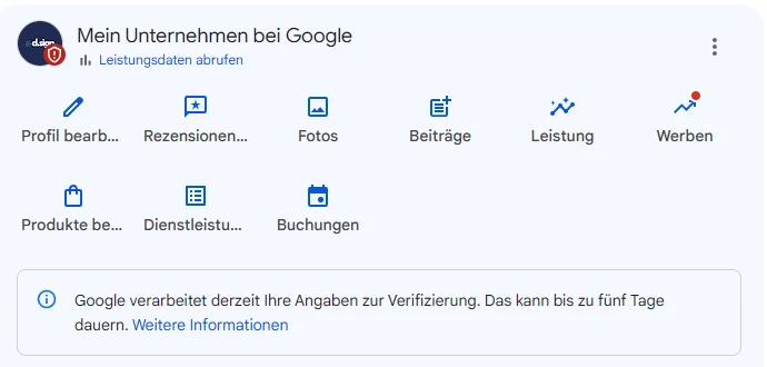 Google-Dashboard mit dem Hinweis, dass die Angaben zur Verifizierung verarbeitet werden